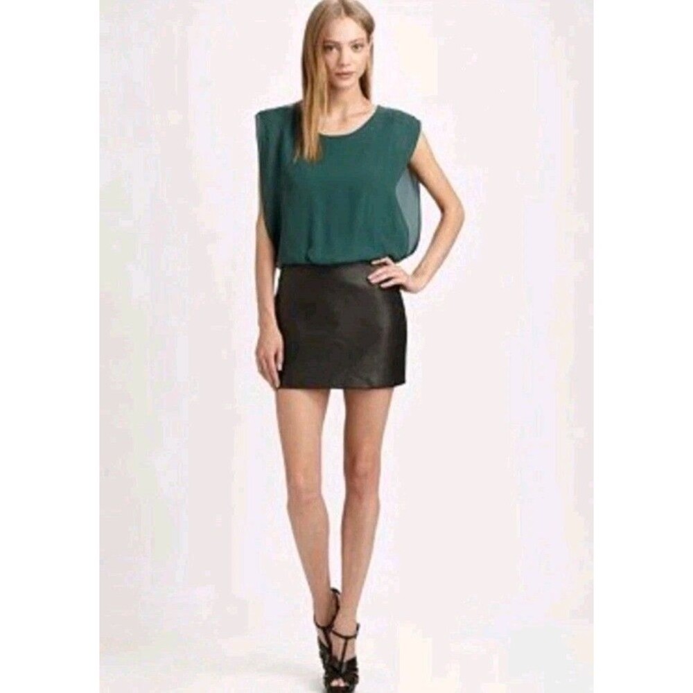 Parker Green Silk Top Black Leather Skirt Mini Dress size Small S